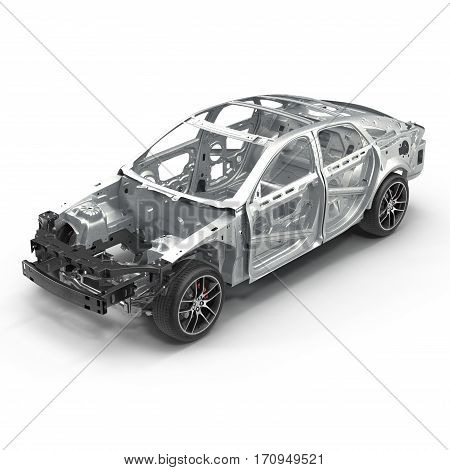 Angle from up Car Frame with Chassis on white background. 3D illustration