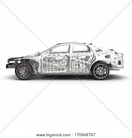 Skeleton of a car with Chassis on white background. Side view. 3D illustration