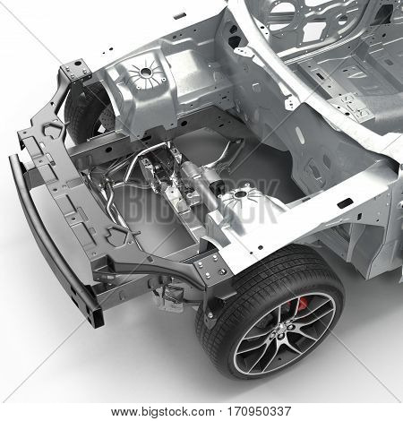 Car Frame with Chassis on white background. 3D illustration