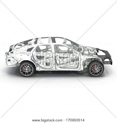 Skeleton of a car with Chassis on white background. Side view. 3D illustration