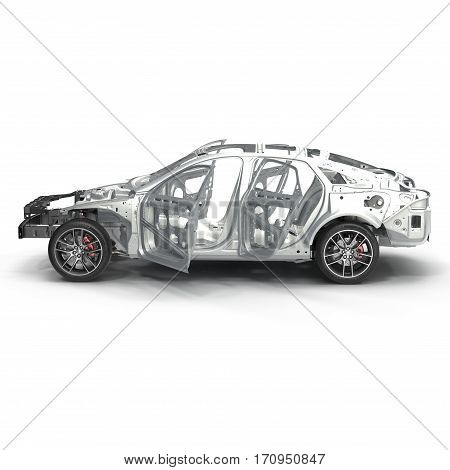 Skeleton of a car with Chassis on white background. Side view. 3D illustration