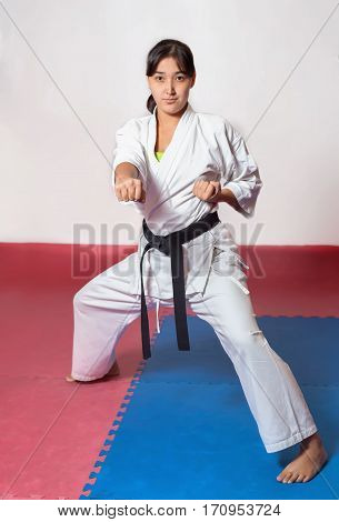 Children During Training In Karate. Fighting Position