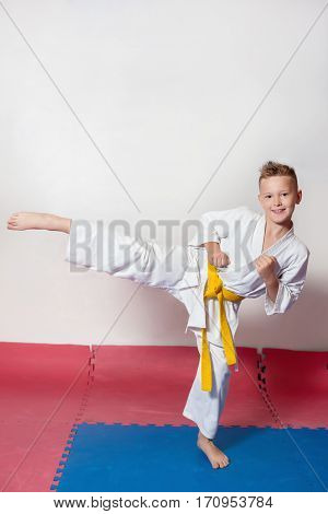 Children During Training In Karate. Fighting Position