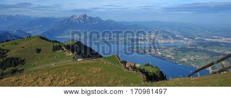 Summer scene in Switzerland. View from mount Rigi towards mount Pilatus and Lucerne.