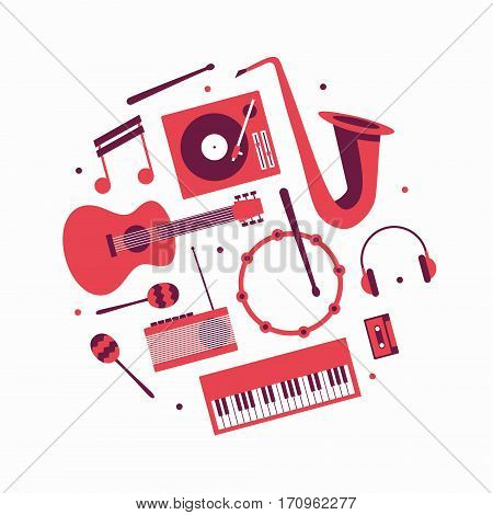 Music, vector flat illustration, icon set. Guitar, turntable, note trumpet headphones drum radio maracas piano cassette