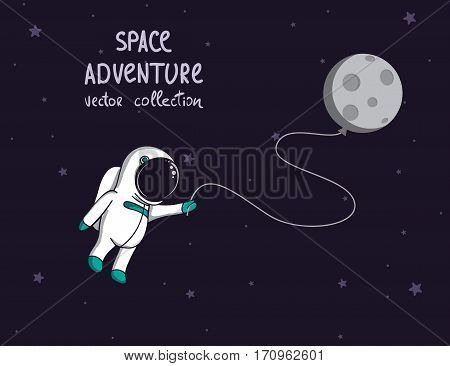 spaceman in outer space with moon like a balloon.Cartoon childish vector illustration