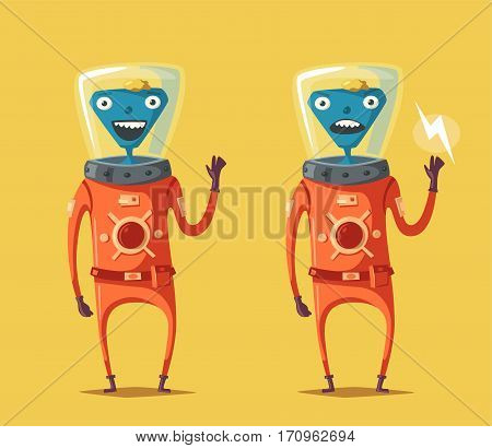 Friendly alien. Cartoon vector illustration. Ufo. Retro poster. Space theme. Funny monster mutant character