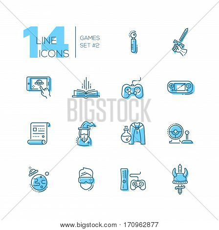Video - modern vector line design icons set with accent color. Joystick, sword, mobile device app, book, portable, game console, paper, wizard, magic accessories camera ufo virtual reality. Material design concept symbols
