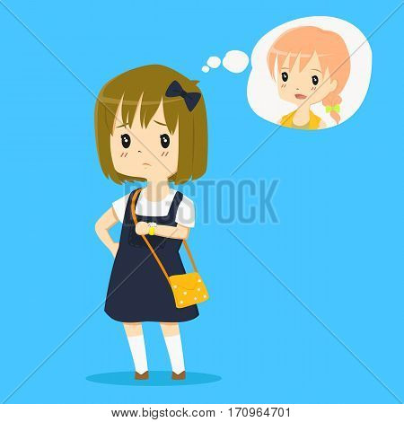 illustration of a little girl seeing her wrist watch and waiting for her friend