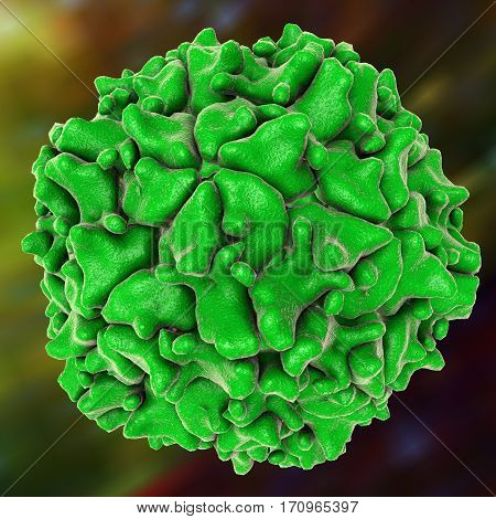 Poliovirus on colorful background. A virus transmitted by drinking water and causing polio. 3D illustration