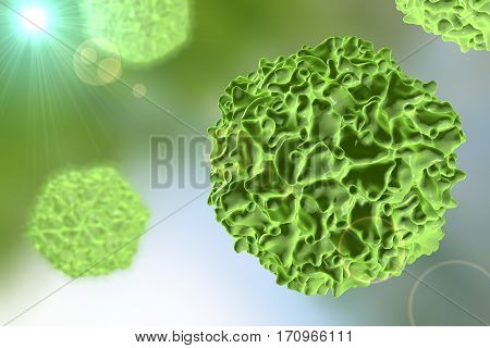 Poliovirus on colorful background. A virus transmitted by drinking water and causing polio. 3D illustration