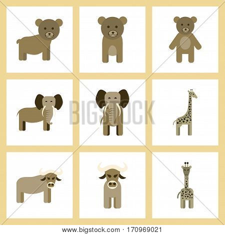 assembly of flat icons nature giraffe bull bear elephant