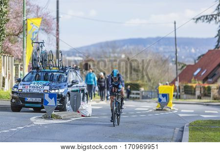 Conflans-Sainte-HonorineFrance-March 62016: The Spanish cyclist Mikel Nieve Iturralde of Team Sky riding during the prologue stage of Paris-Nice 2016.
