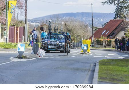 Conflans-Sainte-HonorineFrance-March 62016: The Spanish cyclist Mikel Nieve Iturralde of Team Sky riding during the prologue stage of Paris-Nice 2016.