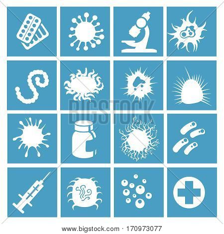 Bacteria, virus and micro organisms scientific medical icons in blue and white colors. Vector illustration