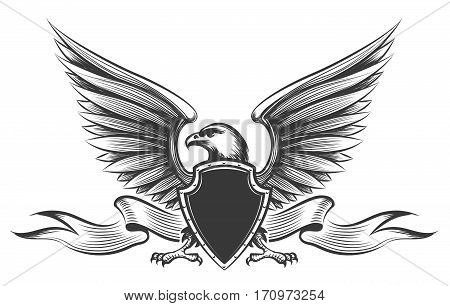 Engraving old painting american bald eagle with wings, shield and ribbon mascot vector isolated on white background