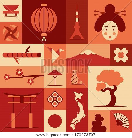 Japan, vector flat illustration, icon set, landmark background. Bonsai, flower, stone, fun, woman face, lantern food flag sakura weapon gate sushi bamboo tree