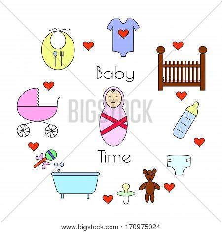 Set of baby icons. Supplies for newborn vector illustration.