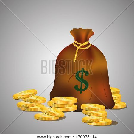 Bag with golden coins. Brown sack on light grey background