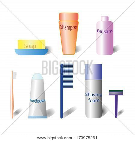 Set of bath cosmetic. 3d cosmetic bottle. Plastic cosmetic bottle. Bath accessories on white background shadow