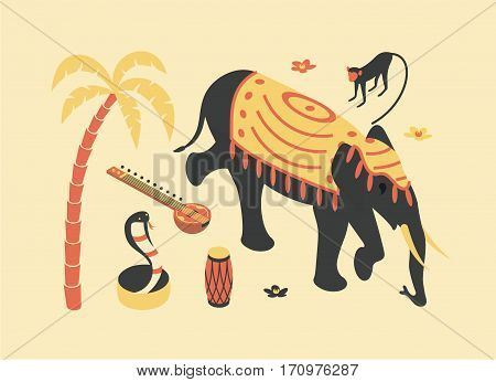 India, vector flat isometric illustration, 3d icon set: palm tree, sitar, monkey, elephant, lotus flower, snake cobra drum beach