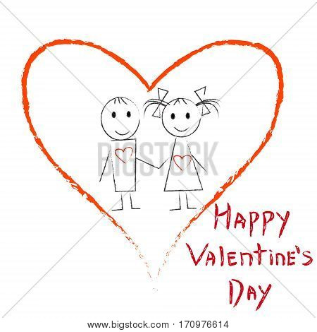 Hand drawn couple in red heart. Valentine's day gift card. Cute couple in love.