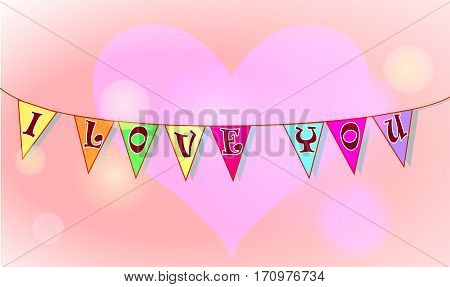 Valentine's day card. I love you on the pink background with heart. Romantic poster banner.