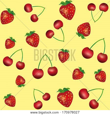 Pattern with cherry and strawberry on yellow background seamless pattern