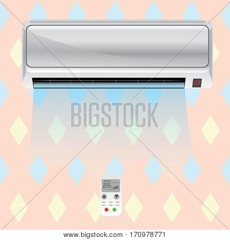 Working air conditioner on the wall in the room with remote controller. Vector illustration.