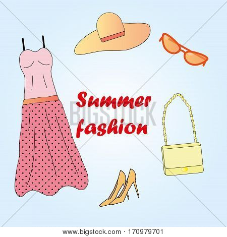 Clothes set Summer fashion on blue background