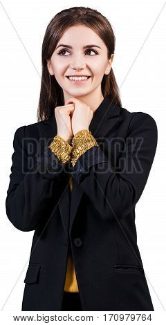 Beautiful young cheerful woman isolated on white background