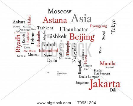 Conceptual Asian map in black and red font isolated on white. Vector illustration.