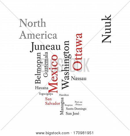 Conceptual North American map in black and red font isolated on white. Vector illustration.