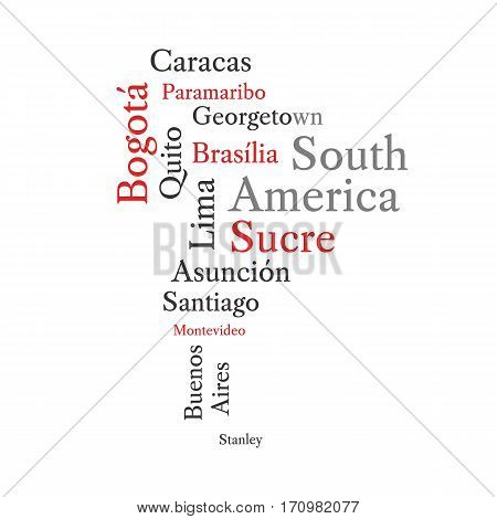 Conceptual South American map in black and red font isolated on white. Vector illustration.