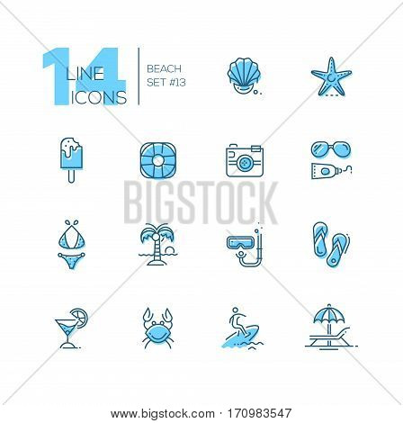 At the Beach - modern vector line design icons set with accent color. Seashell, sea star, ice cream, life ring, camera, sun glasses, sunscreen, swimwear, palm tree, snorkel, sandshoes, cocktail crab surfing lounge chair. Material design concept symbols