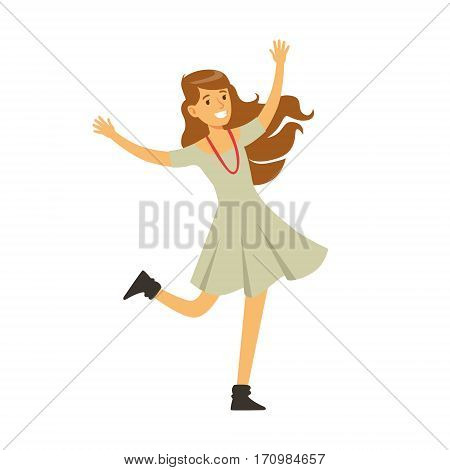 Cute Girl In Grey Dress Dancing On Dancefloor, Part Of People At The Night Club Series Of Vector Illustrations. Cartoon Character On The Night Out In Dark Music Club Having Good Time.