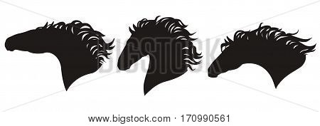 Vector horse head silhouettes set. Isolated group of a horses faces black on white