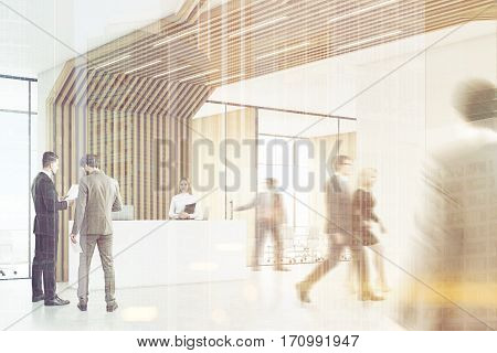 People in room with reception counter with two laptops. Meeting room with glass walls behind it. Brown pipes are lowering from the ceiling. 3d rendering. Mock up. Toned image. Double exposure.