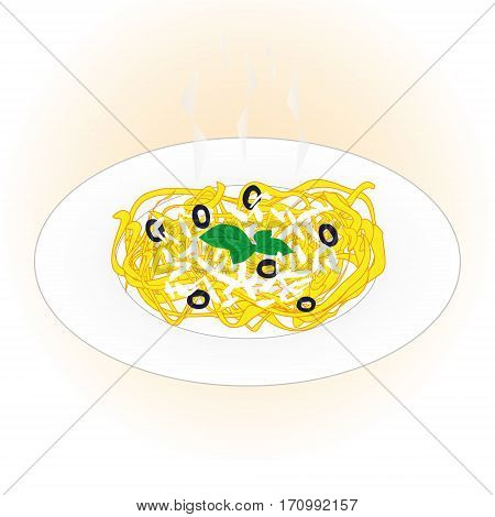 Dish of pasta linguine with cheese olives and basil on light pink background.