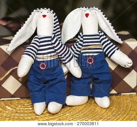 Handmade Textile Rabbits Toys, Home Workshop, One Pair Of Textile Bunnies