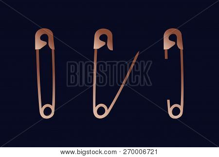 Set Of Safety Pin With Isolated Background In Luxury Copper Color.