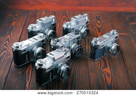 Moscow, Russia, April 18, 2017. The Old Soviet Rangefinder Cameras Contax, Kiev-4, 3a, 2a, 4am Relea