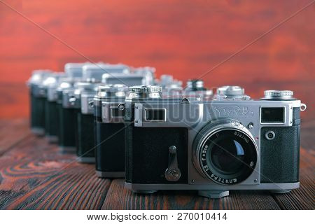 Moscow, Russia, April 18, 2017. The Old Soviet Rangefinder Cameras Contax-2, Kiev-2 And Other Models