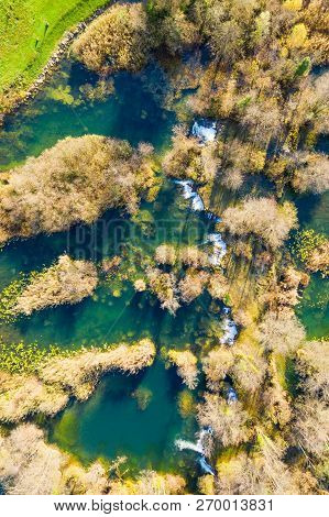 Croatian River Mreznica From Air, Drone Shoot, Top Down View, Karlovac County, Green Nature, Bayous,