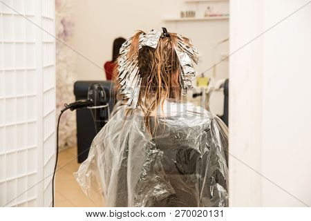 Professional Hair Stylist Cutting Hair Of Female Client. Master Stylist Applying Hair Color And High