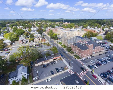 Aerial View Of Framingham Downtown Including Police Department, New Life Presbyterian Community Chur