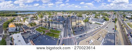 Framingham City Hall And Downtown Aerial View Panorama In Downtown Framingham, Massachusetts, Usa.