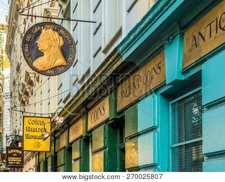 London. November 2018. A View Of Coin And Antique Shops Around The British Museum In London