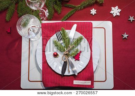 Christmas Red Festive Table Setting With Fir-nbranches