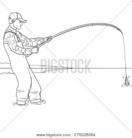 Pop Art Fisherman Standing In Water And Fighting Fish. Pool Of A Stream. Coloring For Children